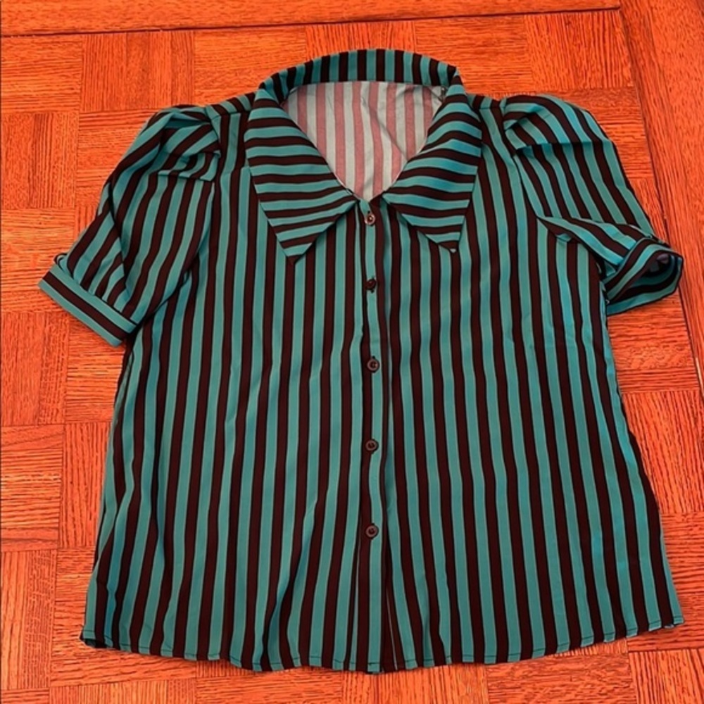 SHEIN PLEATED POOF SHOULDERS Striped Button-Up Women's Top